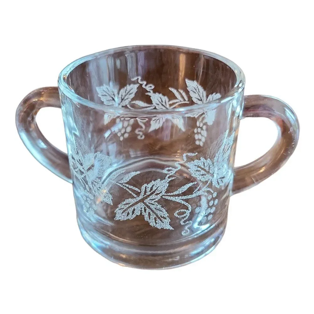 Vintage 50s Clear Glass Sugar Bowl Acid Etched With Grapes, Vine And Leaf Design